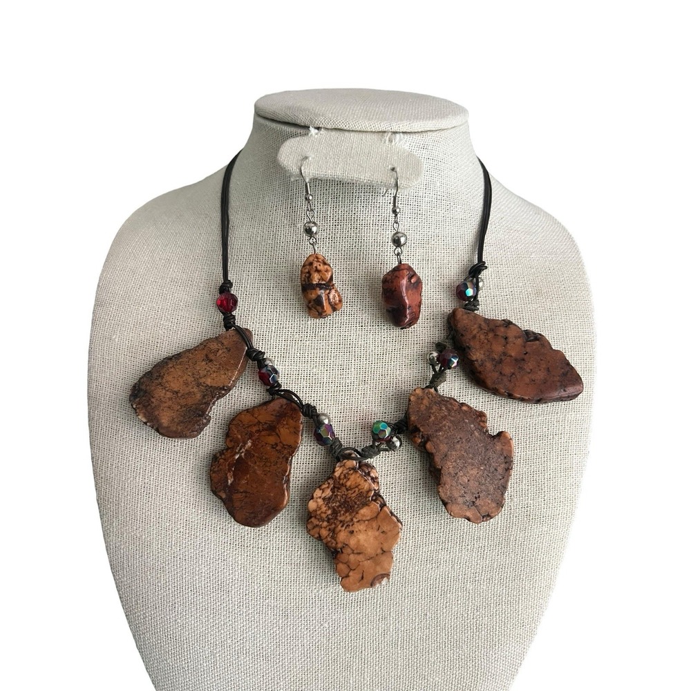 Brutalist Gemstone Necklace Chunky Slab Multi Charm Matching Earrings 18-21" Adj